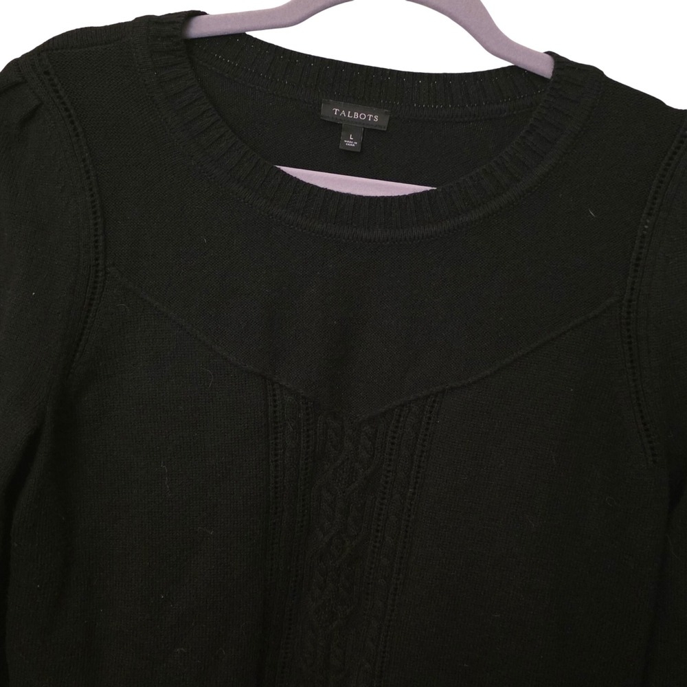 Talbots Womens Black Cable Knit Puff Shoulder Crewneck Sweater Large CN5000